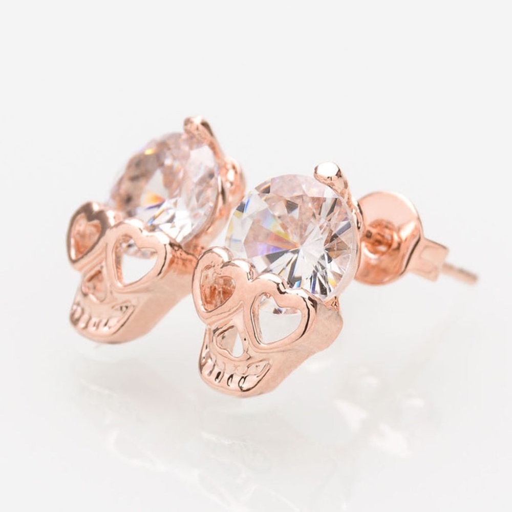 Rose Gold Skull Crystal Earrings Halloween 🎃 - Picture 2 of 3